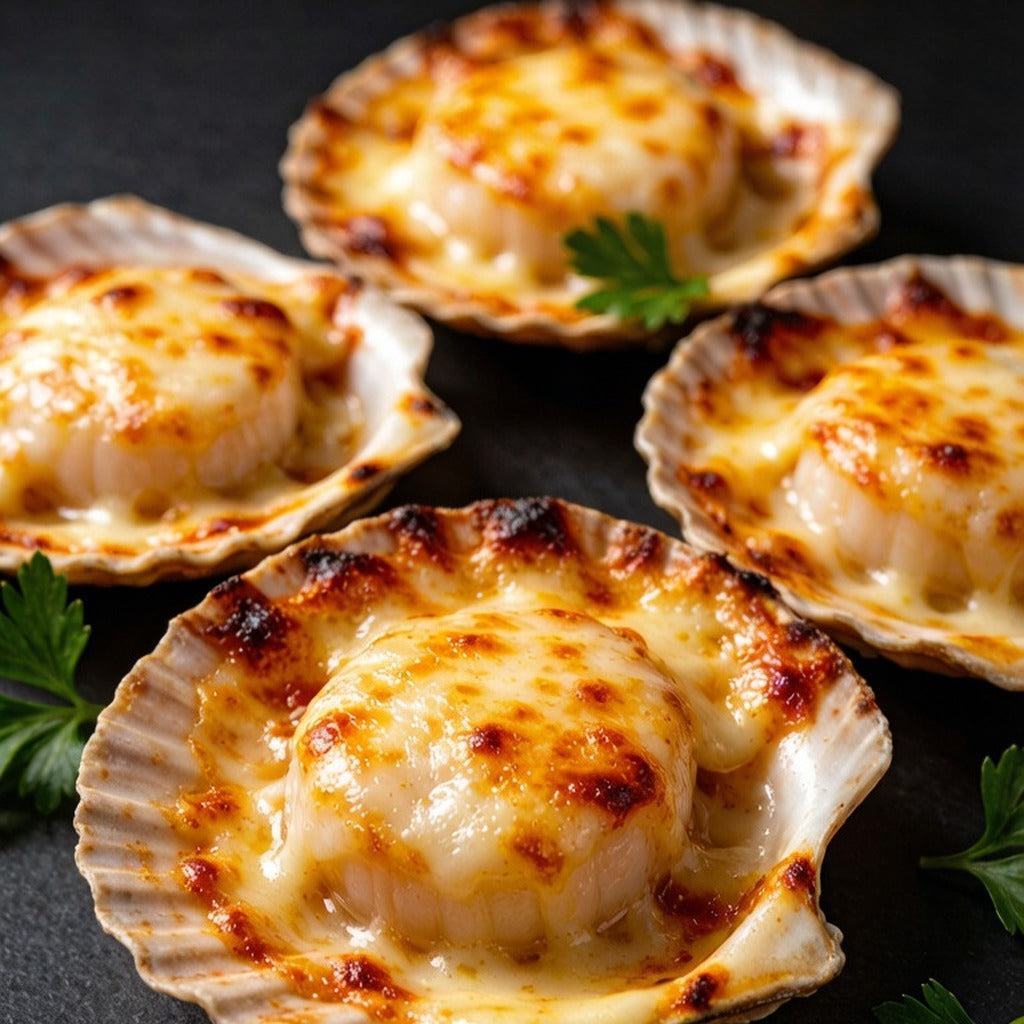 Live scallops in the shell on ice
