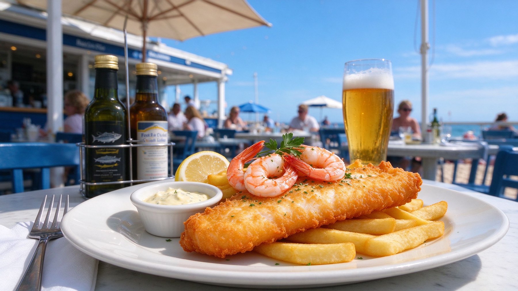 Fish and chips with grilled prawns at a beach cafe table